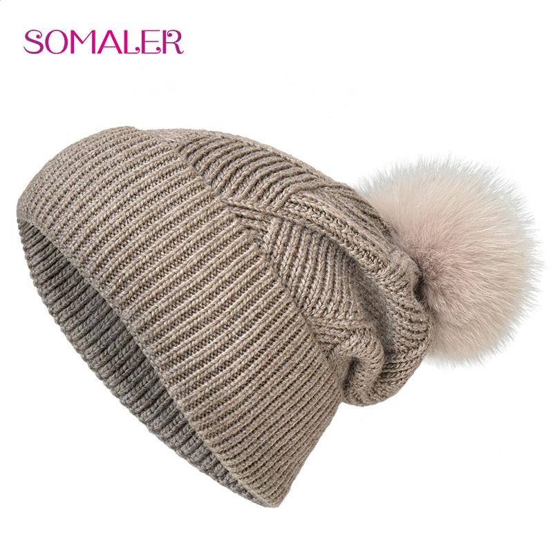 SOMALER Winter Hats For Women Natural Fur Pompom Hat Warm Wool Slouchy Beanies For Female Fashion Skullies Lady Hats