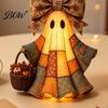 Halloween Door Hanger Lighted Vintage Patchwork Ghost Hanger, Rustic Farmhouse Figurine, LED Light Up Indoor Outdoor Holiday Props Spooky Resin Statue