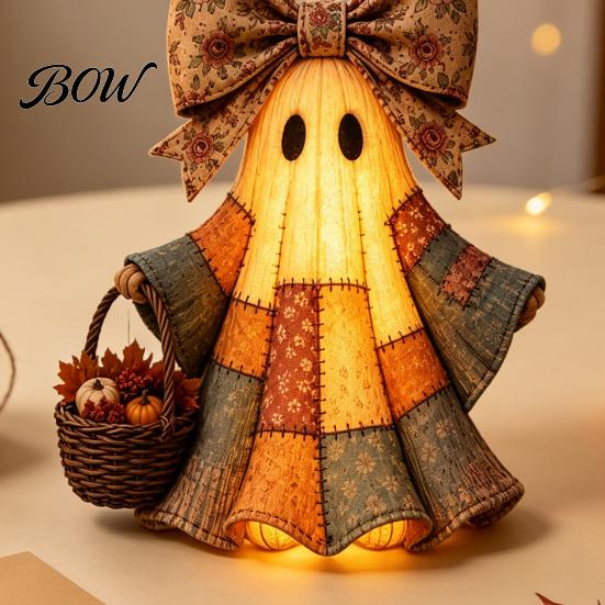 Halloween Door Hanger Lighted Vintage Patchwork Ghost Hanger, Rustic Farmhouse Figurine, LED Light Up Indoor Outdoor Holiday Props Spooky Resin Statue
