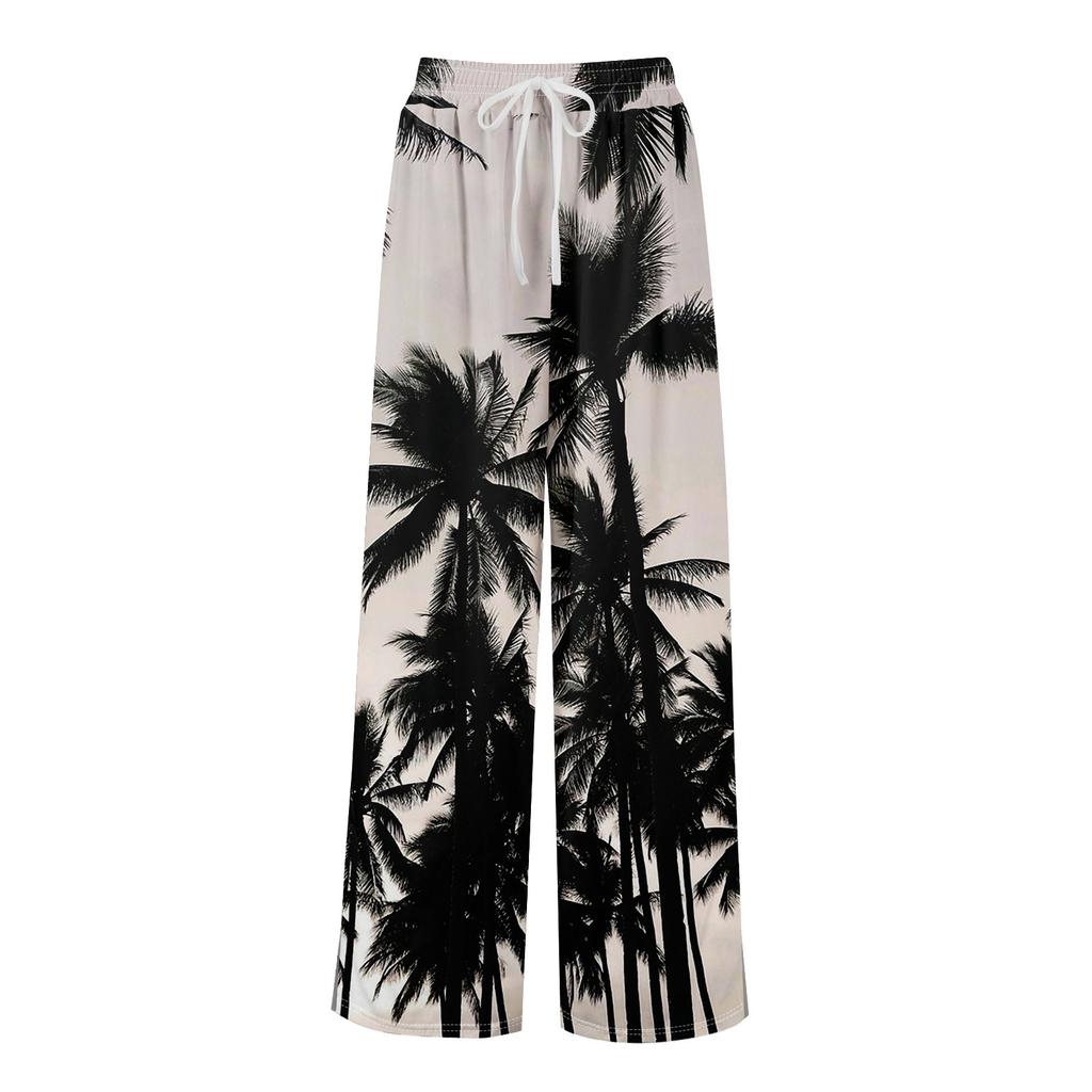 Women Summer Boho Palazzo Pants High Waist Wide Leg Rinting Casual Trousers With Pockets