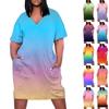 Summer Plus Size V Neck Short Sleeve Knee Pocket Gradient Print Casual Dress For Women