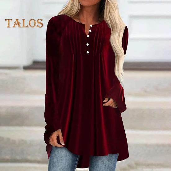 Женская бархатная рубашка с V-образным вырезом, пуговицами, полузастежкой, длинным рукавом, асимметричным подолом, однотонная блузка средней длины