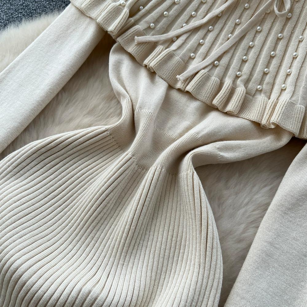 Autumn Winter Women Elegant Slash Neck Off Shoulder Beading Knitted Sweater Long Midi Christmas Party Dresses