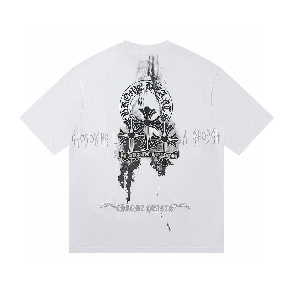 W362 CHROME HEARTS Лето 2026 Новый Высококачественный Хлопок Круглый Вырез Свободный Большой Размер Мужская и Женская Футболка Футболка для Пары