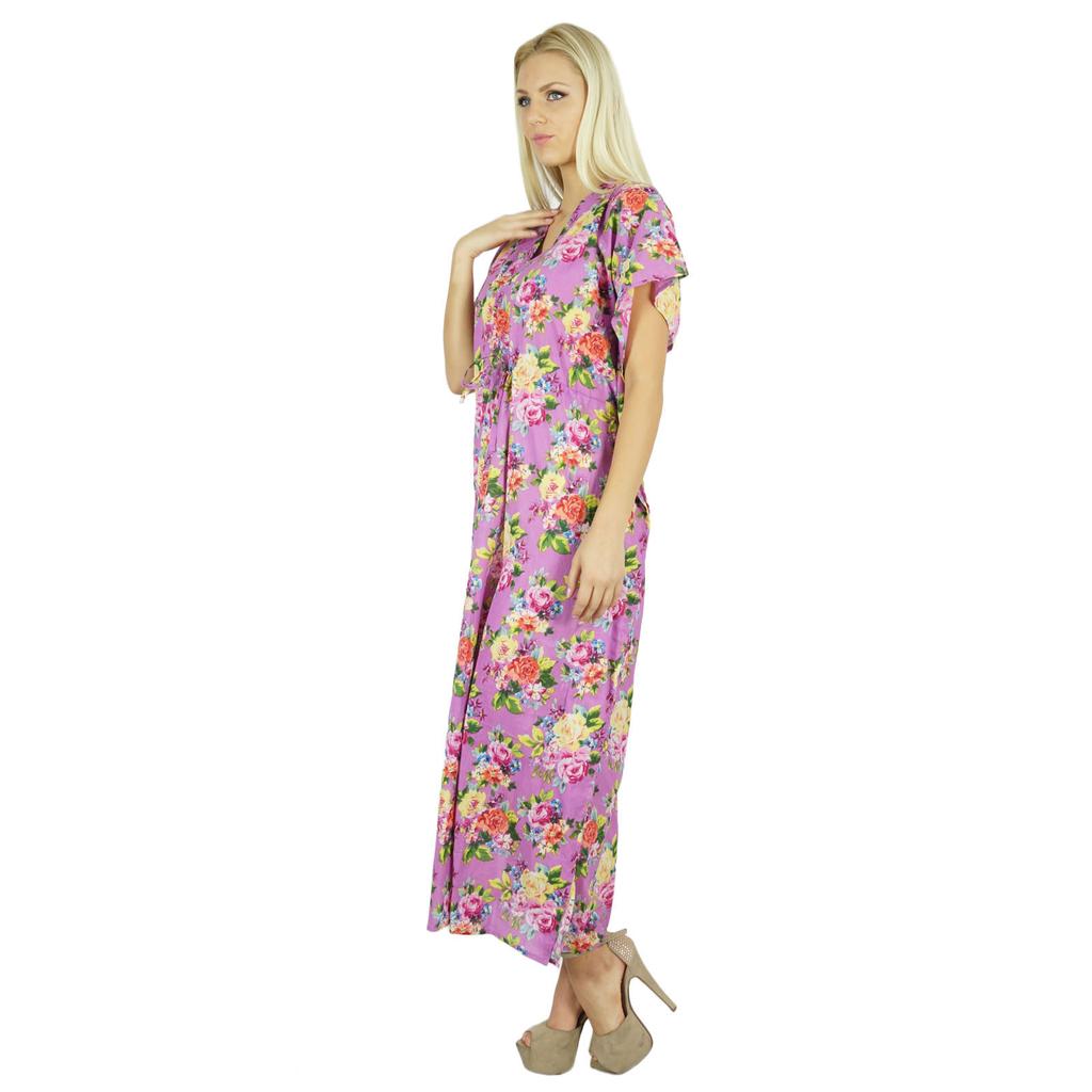 Bimba Women Long Cotton Kaftan White Floral Night Wear Classic Caftan Dress