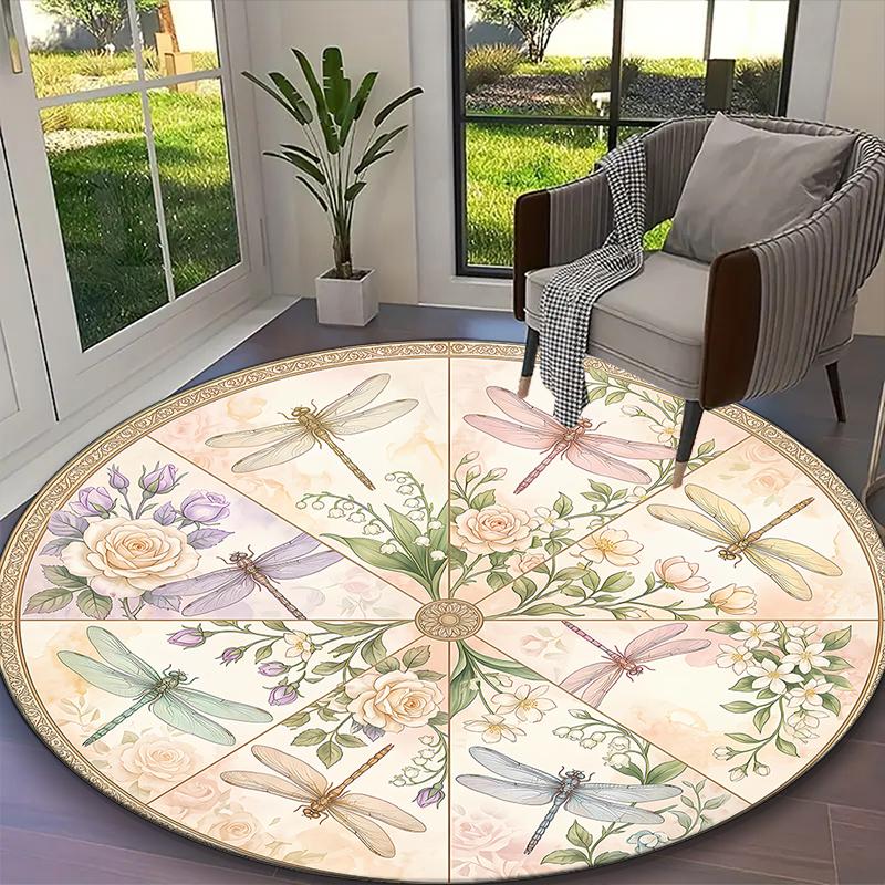 1pc Azure Dragonflies Printed Chair Rug for Home Office Use, Living Room Kitchen Game Room Round Carpet