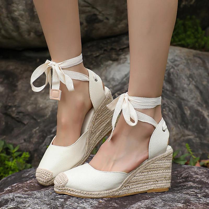 Ankle Lace Up Wedges Sandals Women Summer Closed Toe Espadrille Platform Sandles Woman High Heels Gladiator Sandalias Mujer 43