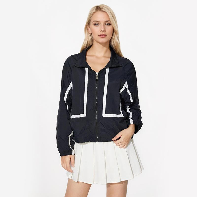 Осенняя женская солнцезащитная одежда с лацканами, полосатая, сращивающаяся, свободная, с длинными рукавами, на молнии, тонкая куртка