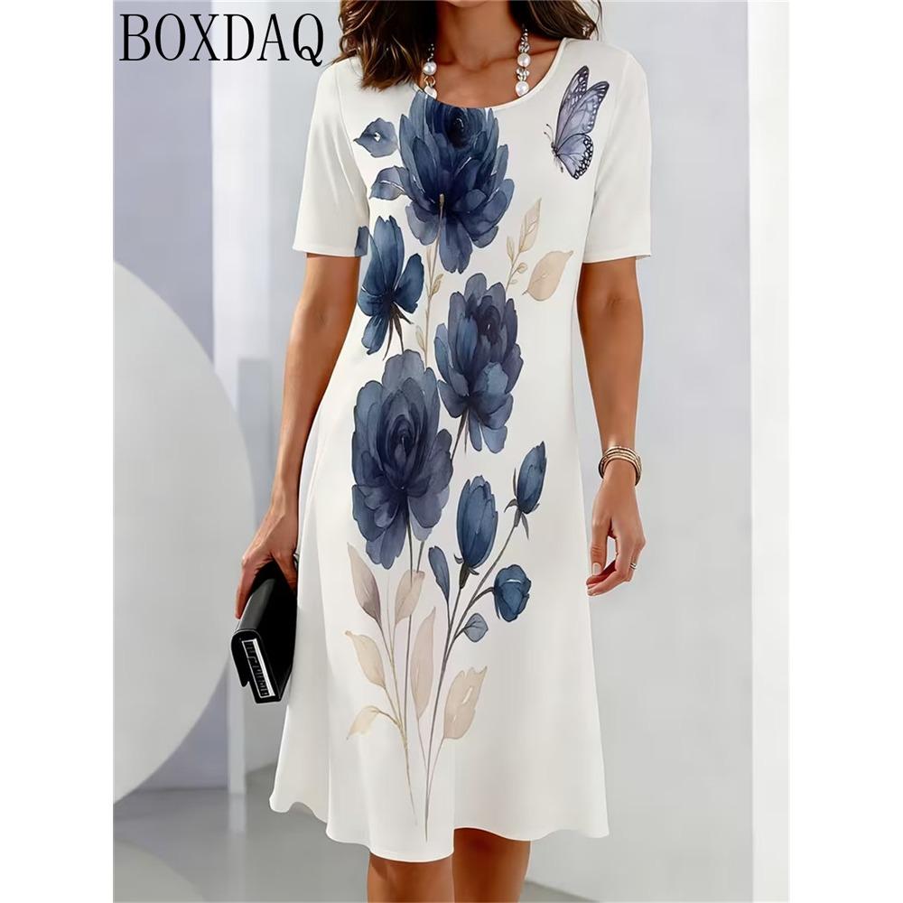 Fashionable and Elegant Summer Women's Round Neck Short Sleeved Flower Printed Loose A-Line Dress