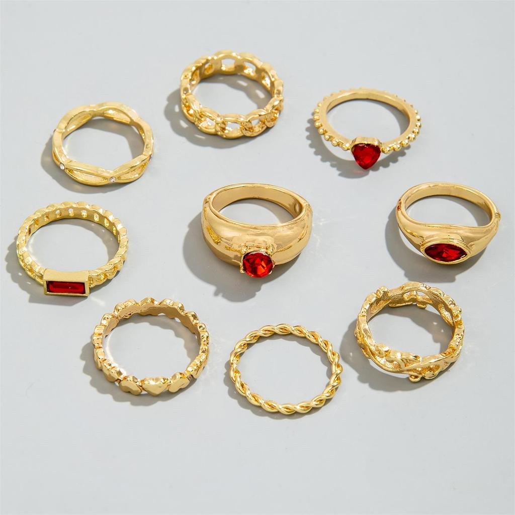 Набор модных геометрических колец в корейском стиле из 9 штук с ретро цветными камнями и металлической резьбой, подходит для женских украшений