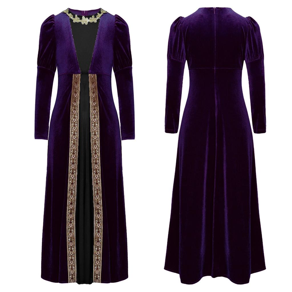 Girls Renaissance Dress Princess Medieval Long Sleeve Maxi Dress Gothic Cosplay Costume Halloween Role Playing Party Fancy Dress Gown