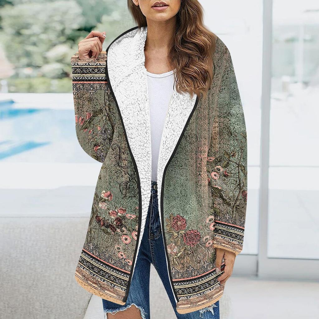 Женская модная зимняя плюшевая куртка с цветочным принтом и длинными рукавами