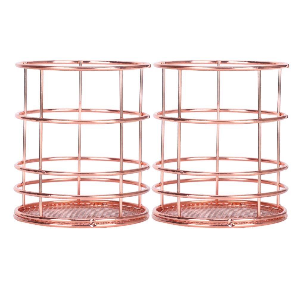 2Pcs Rose Gold Pen Holder Stainless Steel Storage Container Desktop Storage Box Makeup Organizer