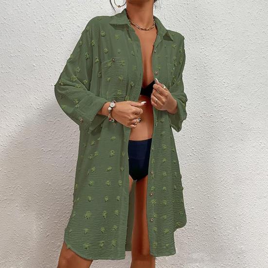 Women Beach Shirt Cover-up Solid Color Long Sleeve Lapel Loose Single-breasted Sun Protection Anti-UV Pockets Soft Lady Cardigan Top