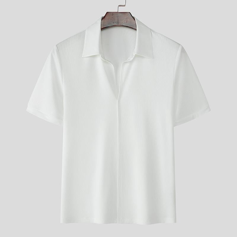 INCERUN Мужские футболки с лацканами, коротким рукавом, повседневные, приталенные, в рубчик