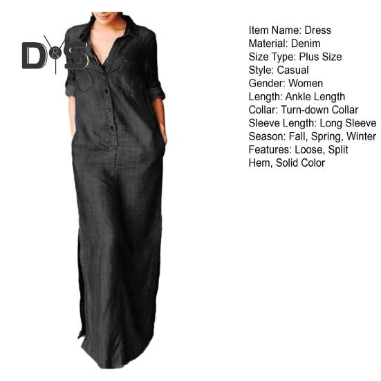 Осень Весна Женское Платье Однотонное Свободное Джинсовое С Отворотным Воротником С Длинным Рукавом Длины до Лодыжки На Пуговицах Разрезной Подол Большого Размера Бохо Повседневное Макси Платье