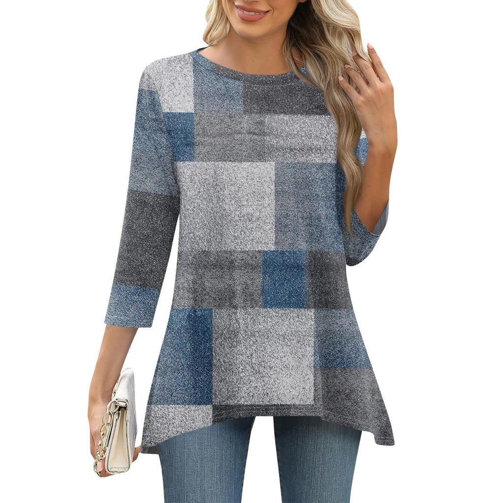 3/4 рукав туника топы для женщин принтованный повседневный выходной свободный крой модная базовая футболка с круглым вырезом