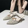 Fashion 2024 Summer New Fashion Rhinestone Pointy Women's Mid-heel Slippers Thin Heels Pointy with Pearl Lightweight High-end