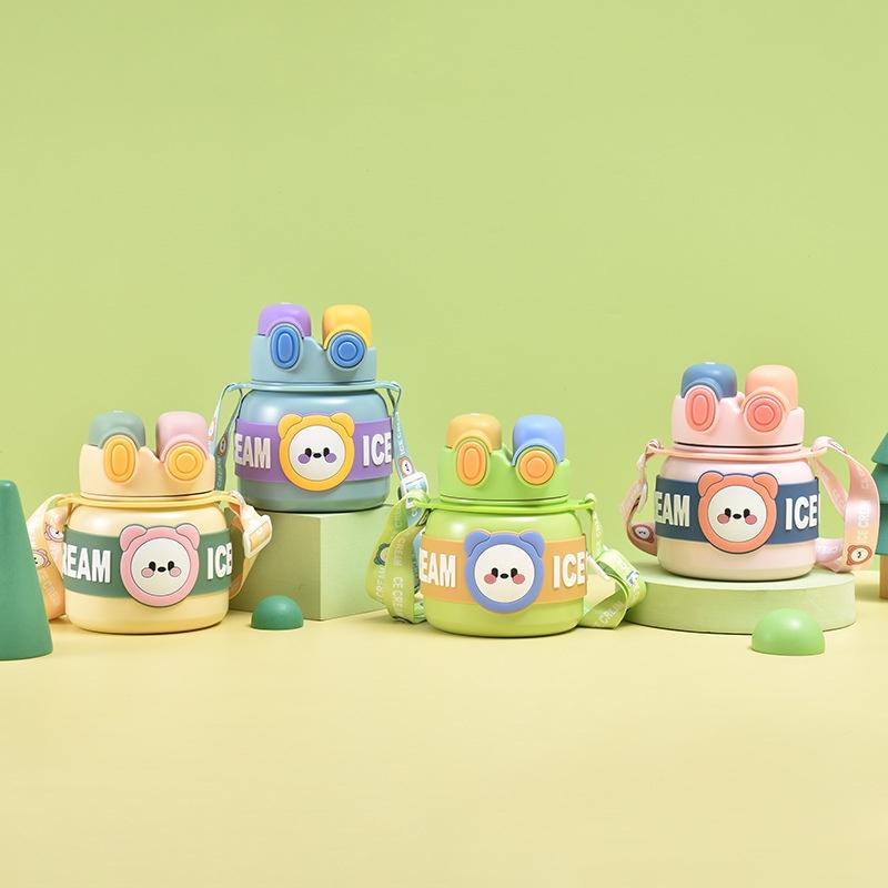 Лингпан Милый Мультяшный Двойная Соломинка Большой Живот Кружка Для Девочек Путешествия На Открытом Воздухе Сумка Через Плечо Бутылка для Воды Большая Вместимость 850 мл Бочка