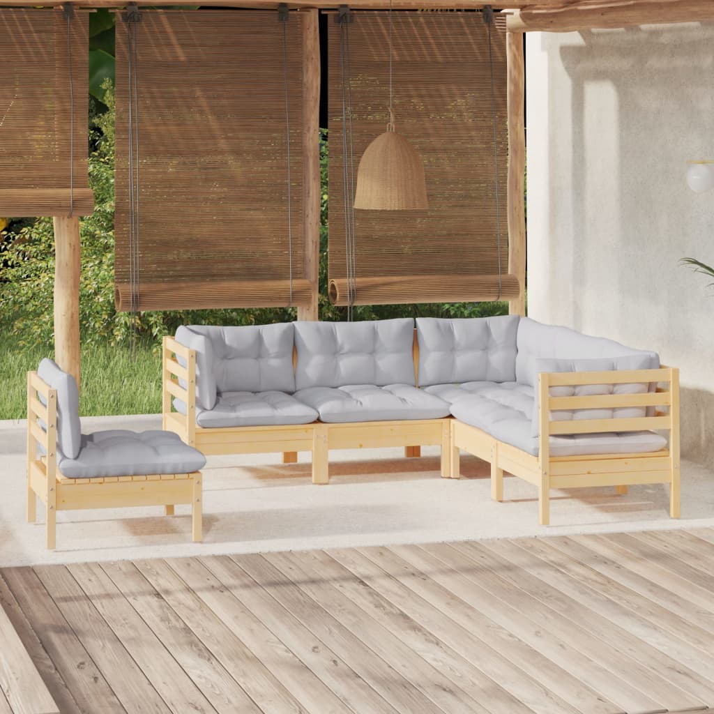5 Piece Garden Lounge Set with Grey Cushions Pine Wood