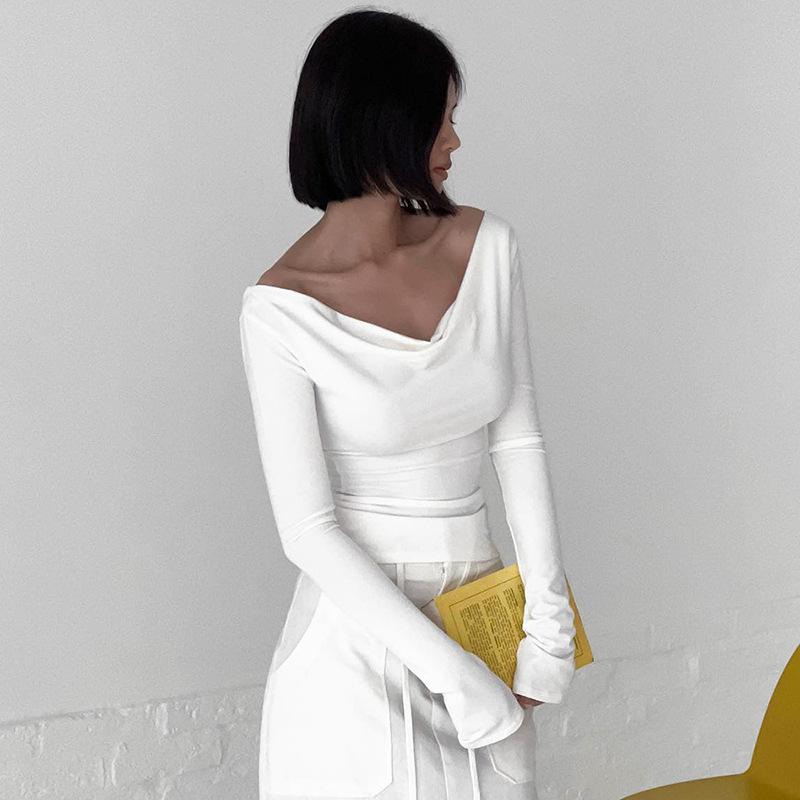 YYFS Женская мода повседневная весна осень однотонный принт длинный рукав одно плечо блузки и рубашки