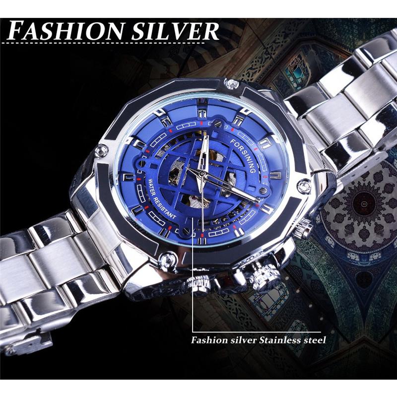 Forsining Men's Fashion Casual Blue Openwork Waterproof Mechanical Watch