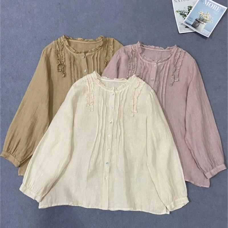 Johnature Crewneck Shirt Loose Top Women Autumn Vintage Ruffles Loose All Match Full Sleeve Female Blouses