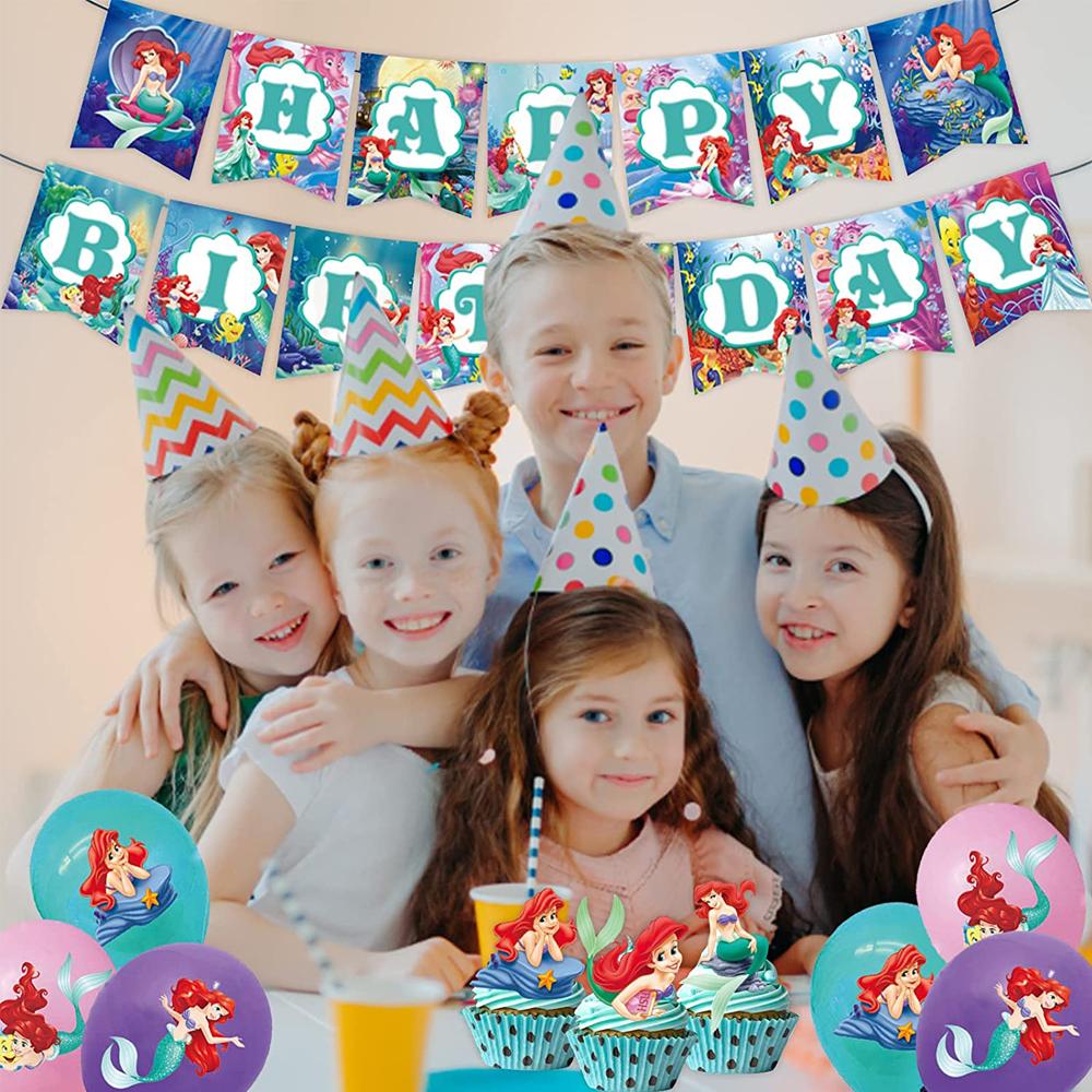 Mermaid Birthday Banner With Cupcake Topper+Balloons Birthday Party Decorations