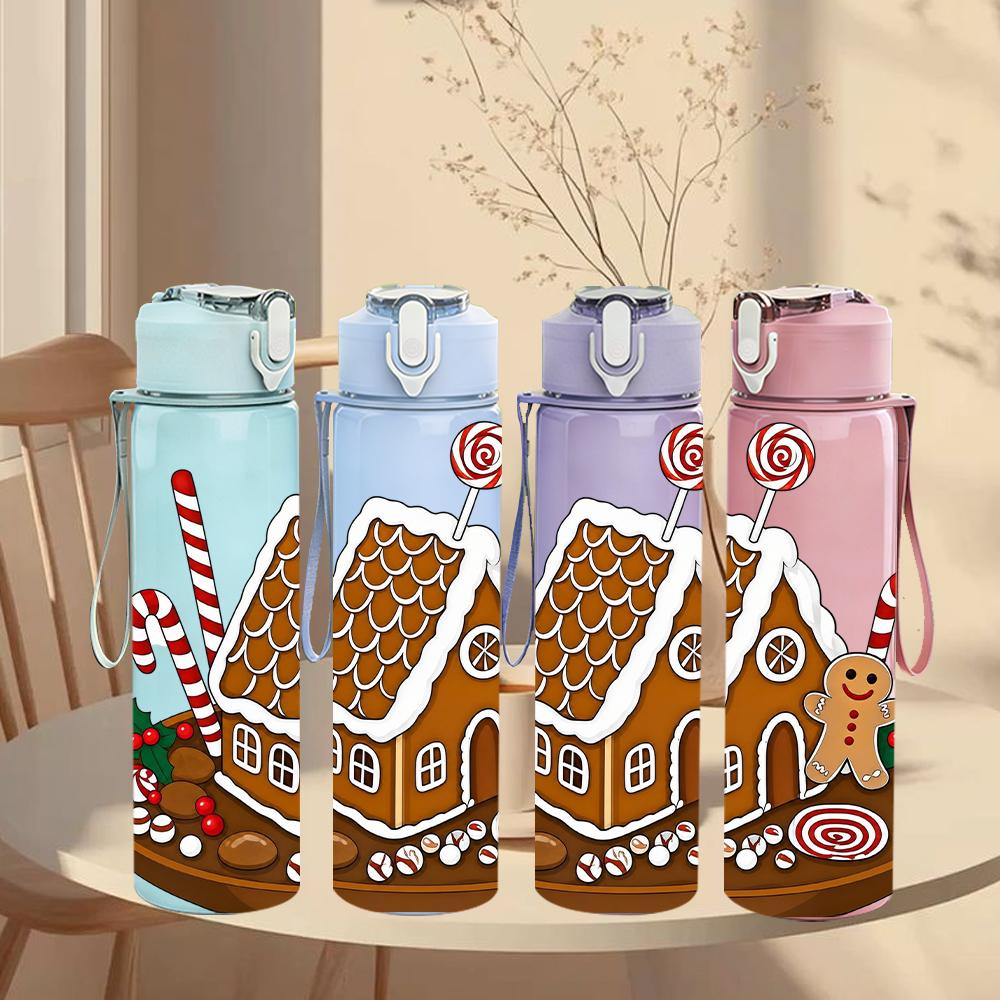 1PC Gingerbread House Candy Cane 750ml Color Plastic Sports Water Bottle Leakproof Flip Straw Lid Suitable for Sports Office Home Use