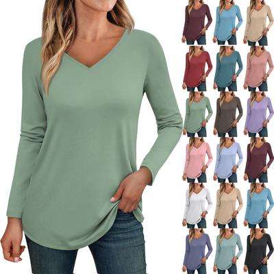 Женские топы с длинными рукавами, рубашки с v-образным вырезом, повседневные базовые модные футболки, блузки, осенние наряды-туники, облегающие футболки