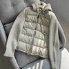 Women Autumn Winter Knitted Patchwork White Duck Down Jacket Drawstring Hooded Warm Lightweight Puffer Coat