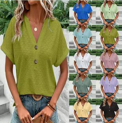 Женская однотонная футболка с V-образным вырезом и пуговицами, повседневная, весна/лето 2023