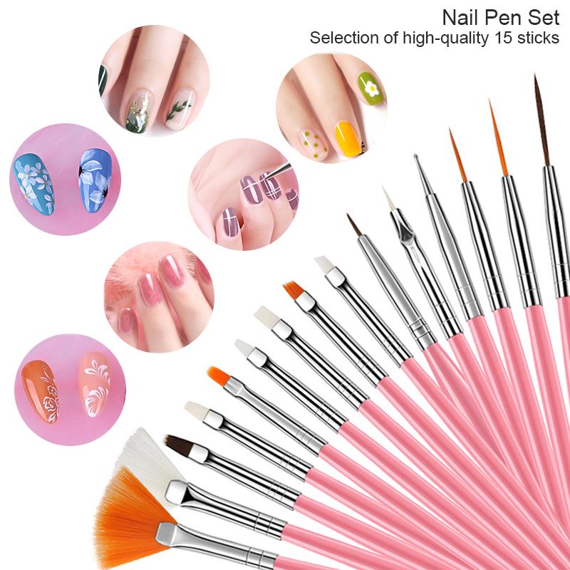 15pcs Nail Art Liner Brush Kit UV Gel Nail Brush Set French Stripe Line Painting Drawing Flower Pen Professional Manicure Tools