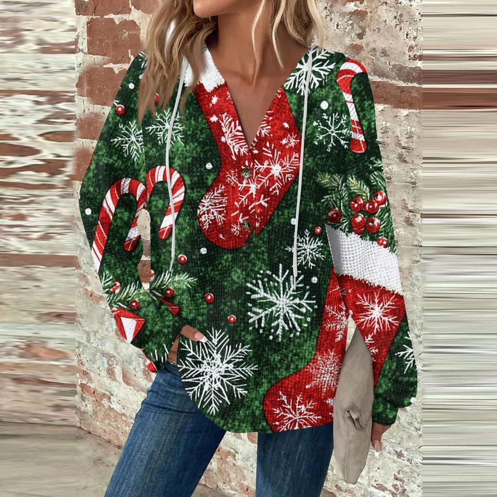 Женский повседневный топ с длинными рукавами, пуговицами, V-образным вырезом, рождественским принтом, завязками и капюшоном