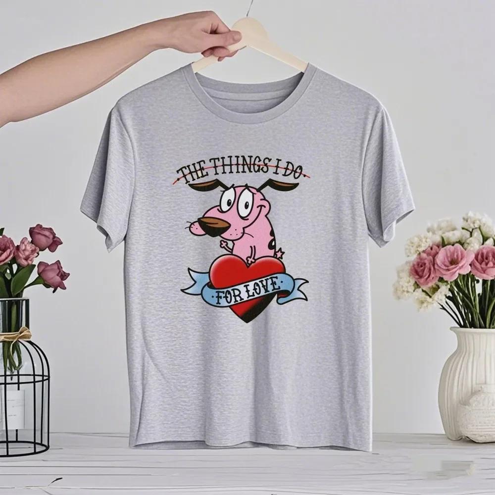 Мультяшная футболка 90-х «Кураж — трусливый пес» Ретро Уличная мода Летняя одежда Топы Подарок Мужчины Женщины Пара Хлопковые футболки