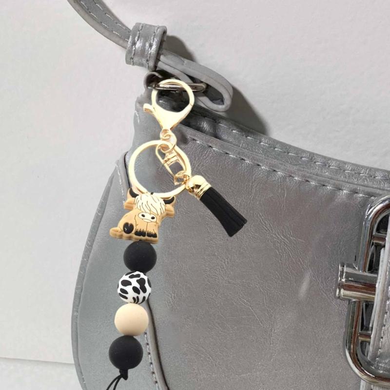 Брелок с шотландской высокогорной коровой с кисточками и силиконовыми бусинами. Животное. Модный держатель для ключей, подвеска для женщин и мужчин.