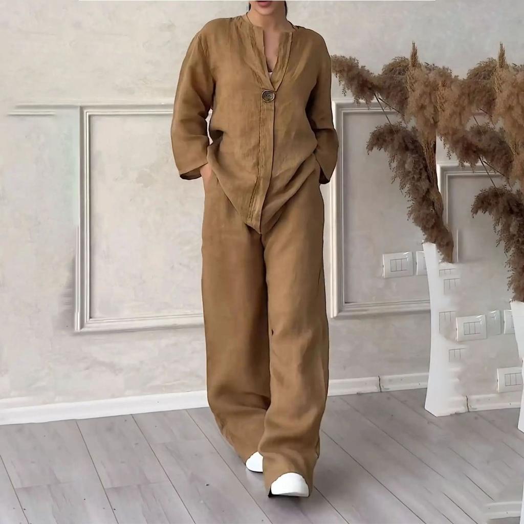 Женский пуловер с круглым вырезом и v-образным вырезом, повседневные длинные брюки из хлопка и льна с длинными рукавами, модный костюм