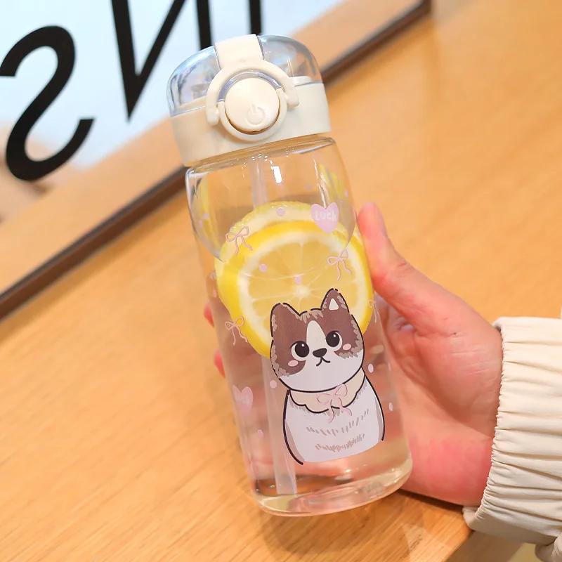 400ml Leak-Proof Water Bottle Cute Dog Cat Print Water Bottle Straw Cup Kids Students Water Bottle Portable for Sports & Fitness