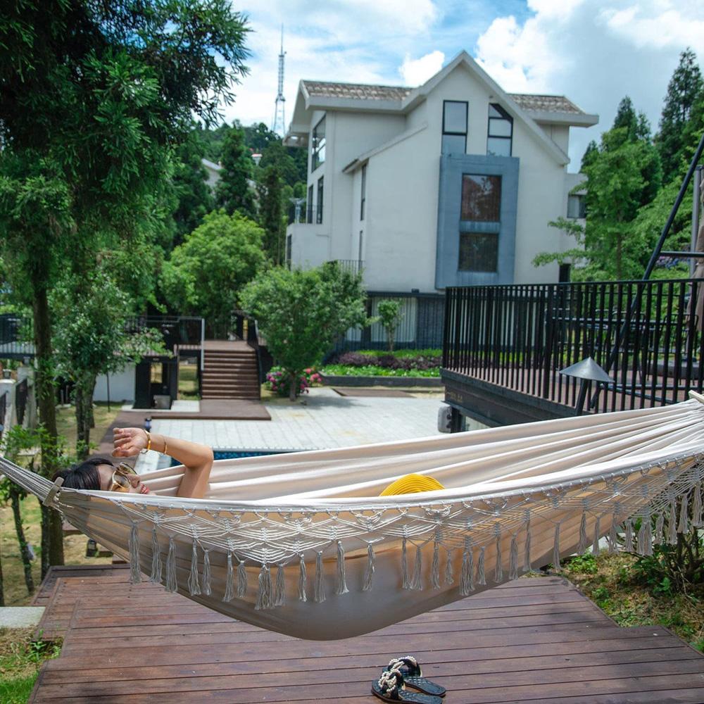 Double Macrame Hammock Two Person Swing Bed for Beach Yard Bedroom Patio