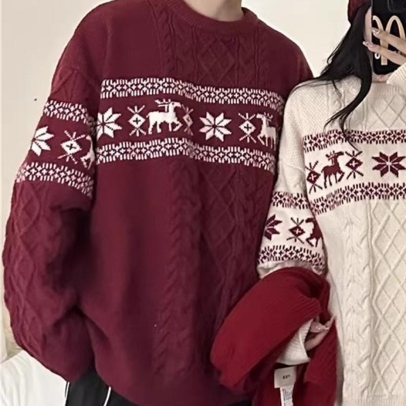 Unisex Nordic Christmas Knit Sweater With Deer Motif Cable Loose Fit Winter Pullover Teens Adults