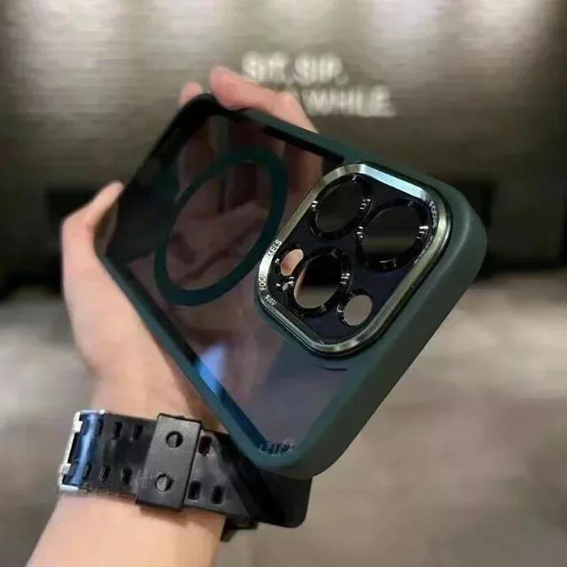Роскошный магнитный металлический защитный бампер для объектива iPhone 16 15 14 13 12 11 Pro Max 16 Plus с беспроводной зарядкой, твердый прозрачный чехол