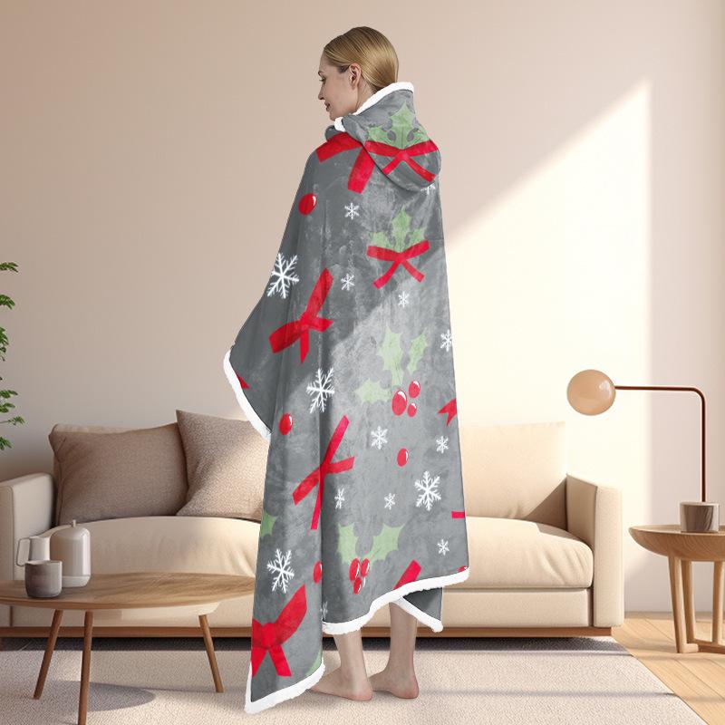 Christmas Festival Wearable Hooded Flannel Blanket Shawl