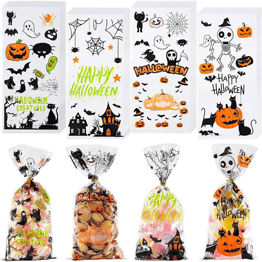 100 шт. целлофановых пакетов на Хэллоуин, прозрачный целлофановый пакет, подарочные пакеты для сладких конфет с завязками для вечеринки на Хэллоуин