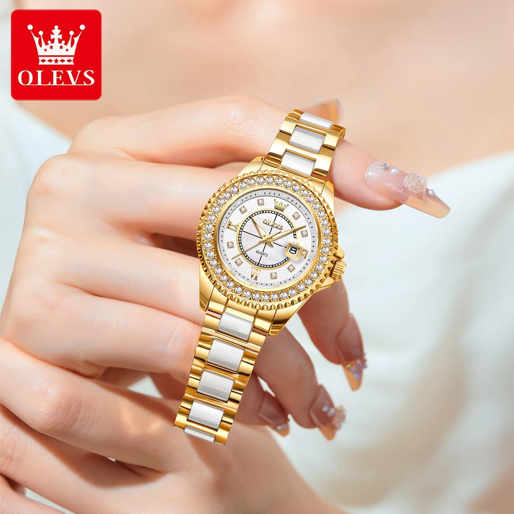 Olevs 3685 High Quality Ceramics Woman Fashion Golden Diamond Lady Fashionable Luminous Lady Woman Quartz Watch
