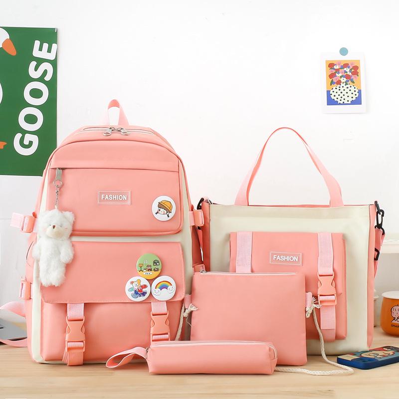 High-End Canvas Backpack for Junior High School Girls - Four-Piece Set