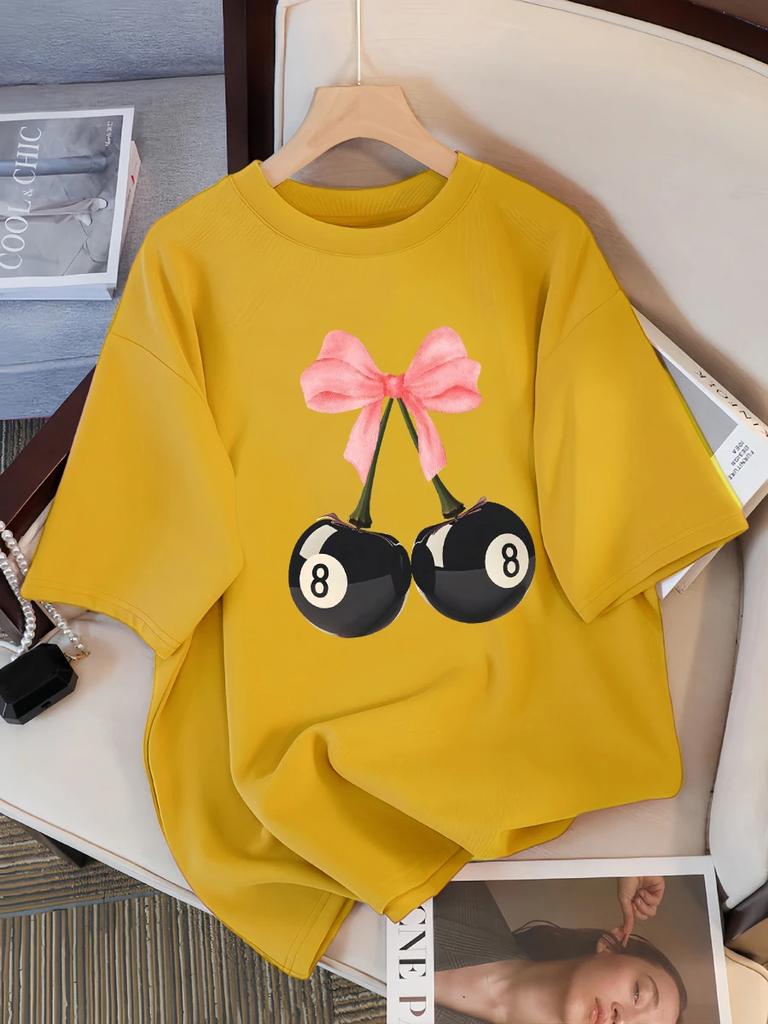 Pink Bow Black Billiards 8 Cherry Pattern Women's T-shirt Summer Fashion T-shirt Round Neck Top Soft Loose Short Sleeve
