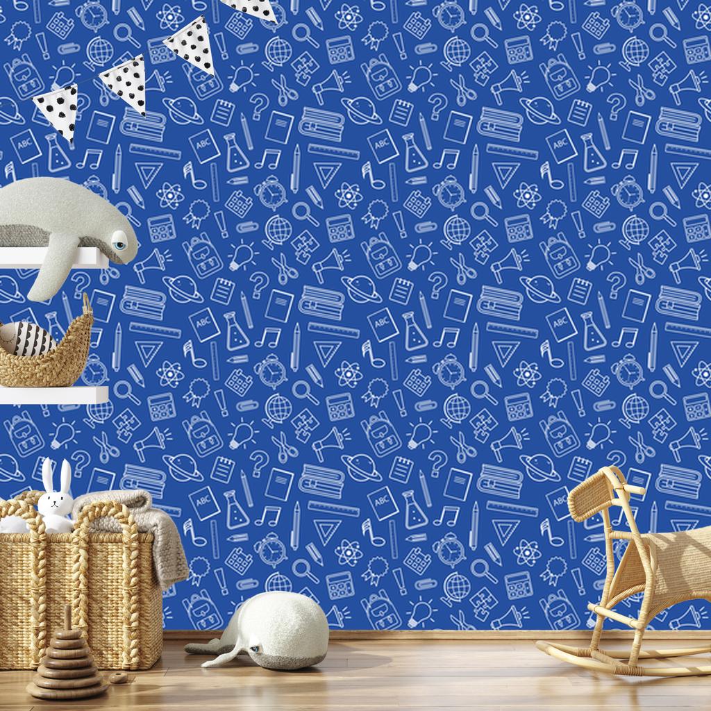 Wallpaper School Supplies Blue, Blue Center 50x1000