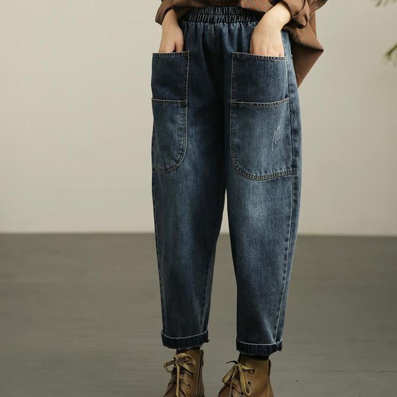 Ретро рваные брюки-шаровары с эластичной резинкой на талии, женские джинсы, свободные широкие брюки, прямые джинсовые брюки с большими карманами