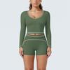 New contrasting colors, high elastic, low neck, long-sleeved shorts, yoga suit set, sports running, fitness yoga two-piece set