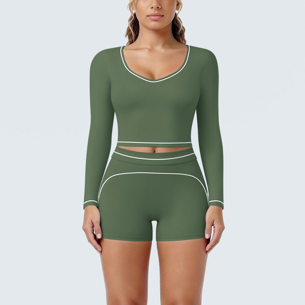 New contrasting colors, high elastic, low neck, long-sleeved shorts, yoga suit set, sports running, fitness yoga two-piece set